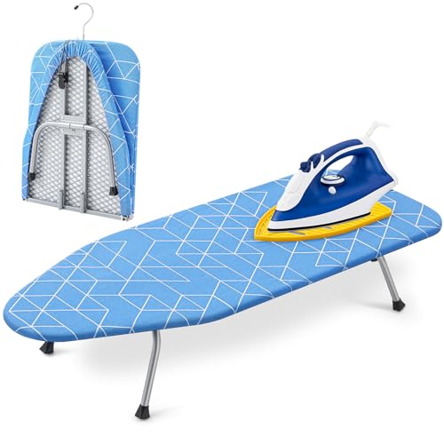 Chunful Mini Ironing Board Tabletop, 32"x12" Foldable Ironing Board with Silicone Iron Rest Pad & Hook, Portable Compact Travel for Small Spaces, Dorm, Apartment, Closet Storage(Classic,Blue)