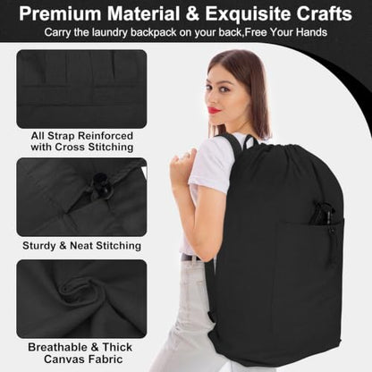 Laundry Bag Backpack, Canvas Laundry Bag with Straps & Drawstring, Black XL - color: Black, size: X-Large