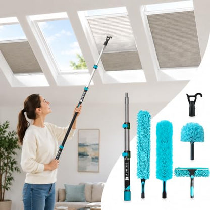 High Ceiling Duster Kit with 3-7.5T Heavy Duty Extension Pole, Reaches Up to 25FT, Includes Microfiber Feather Duster, Cobweb and Ceiling Fan Duster, Window Squeegee Cleaner & Skylight Hook (7FT) - size: 7.5FT