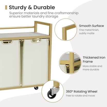 SwaaVee Laundry Sorter, Laundry Hamper with Wooden Top Shelf, 2×14.5Gal(110L), Metal Frame laundry basket with wheels, Pull out and Removable Laundry Bags, 2 Bags-Golden - color: Gold