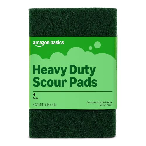 Amazon Basics Heavy Duty Scour Pads, Dish Scrubber for Kitchen + Outdoor, 4 Count, Pack of 1
