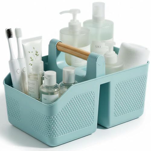 Plastic Shower Caddy Portable Shower Basket with Bamboo Handle, Blue - color: Blue
