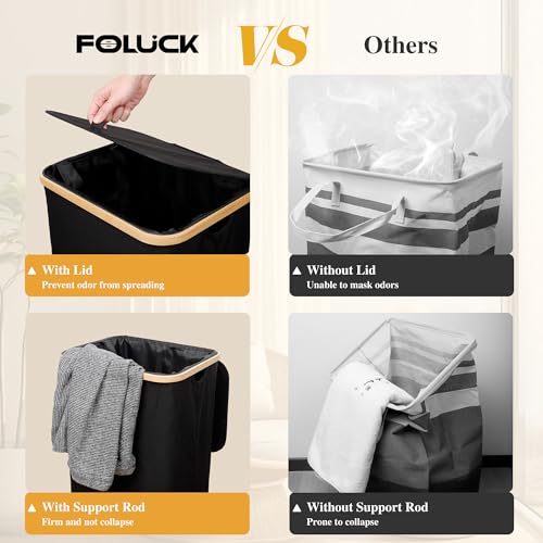 Foluck 100L Laundry Hamper with Lid Removable Bag and Bamboo Handles - color: Black, size: 100L