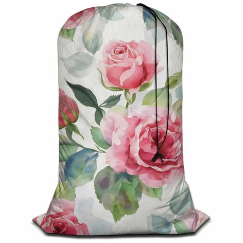 Swono Pink Roses Drawstring Portable Large Capacity Laundry Bags Beautiful Bud Flowers Rose Pink Floral Garden Travel Storage Bags for, Apartments, Vacations, College - color: Pink Roses