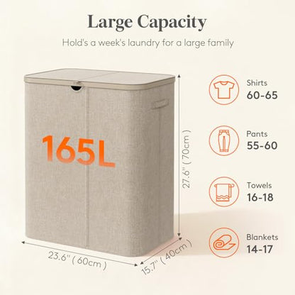 Lifewit 165L 3 Section Laundry Hamper with Lid, Laundry Basket, Beige - color: Beige, size: 165L