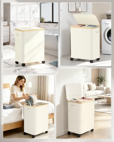 Double Laundry Basket with Wheels and Lid, 150L Clothes Hampers for Laundry - color: Beige, size: 150L