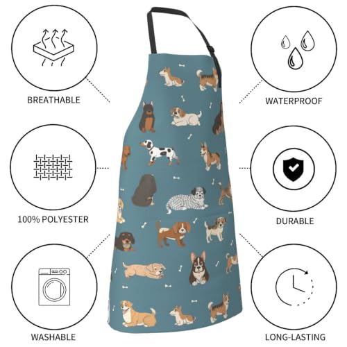 Perinsto Waterproof Apron With 2 Pockets Kitchen Chef Aprons Bibs For Cooking Baking Painting Gardening Grooming - color: Dog Blue