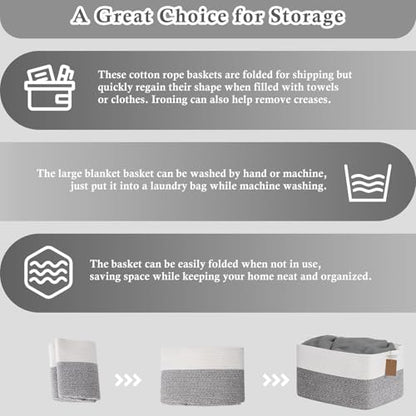 Goodpick 75L Extra Large Woven Rope Blanket Basket, Rectangle, Light Gray - color: Light Grey, size: 22"L x 17"W x 12"H