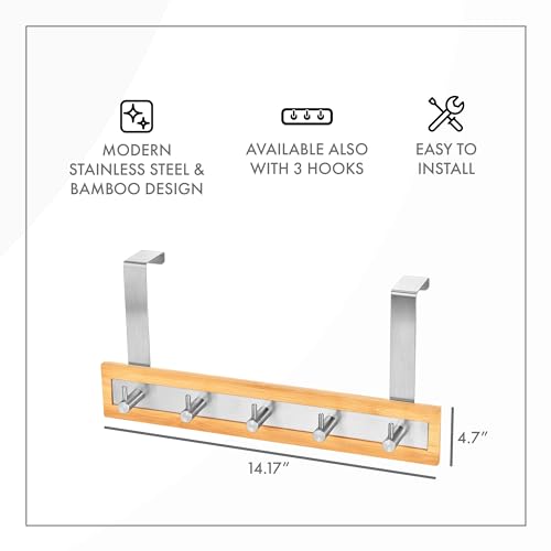 ToiletTree Products Bamboo Stainless Steel Over-the-Door Towel Hooks - Durable Coat, Clothes, and Towel Rack to Use in the Bathroom, Laundry Room, and Closet - 5 Hooks - size: 5 Hook