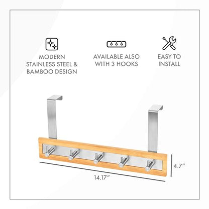 ToiletTree Products Bamboo Stainless Steel Over-the-Door Towel Hooks - Durable Coat, Clothes, and Towel Rack to Use in the Bathroom, Laundry Room, and Closet - 5 Hooks - size: 5 Hook