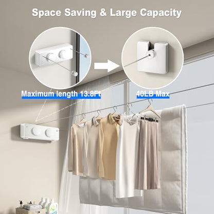 MUSTORN Retractable Clothesline Indoor, Non-Sagging Twin Clothes Line Retracting Outdoor Heavy Duty Clothes Drying Laundry Line Wall Mounted Stainless Steel Double Line-13.8 ft(White) - color: White