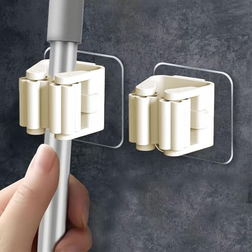 2 Pack No Drilling Broom Holder Wall Mount, Mop and Broom Holder Wall Mount, Garden Tool Storage Organizer for Kitchen - color: Beige 2-pack
