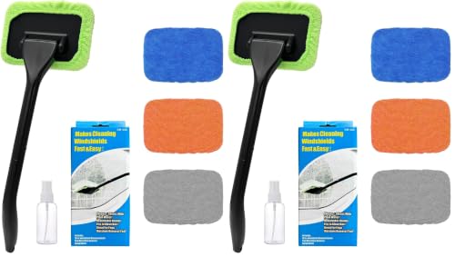 Ohleats Car Windshield Cleaning Tool, Microfiber Window Cleaner with 4 Washable and Reusable Cloth Pad & Long Handle, Auto Glass Wiper Cleaning Kit with Spray Bottle, Car Accessories (Pack of 2) - size: 6×4 inches (Pack of 2)