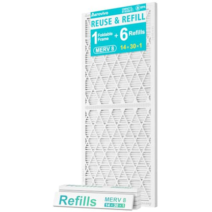 Refillable 14x30x1 Air Filter MERV 8, Reusable Frame & 6 Refills - size: 14" x 30" x 1"