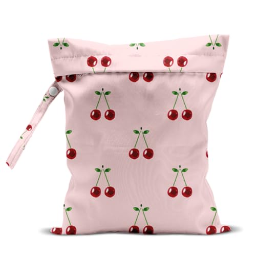 Wet Bag, Wet Dry Bag, Waterproof Swim Bags, Machine Washable Reusable Bags for Beach, Pool, Diapers, and Dirty Yoga Gym Clothes(Pastel Pink Ditsy Cherry Print - color: Pixel Double Cherries on Light Pink Base