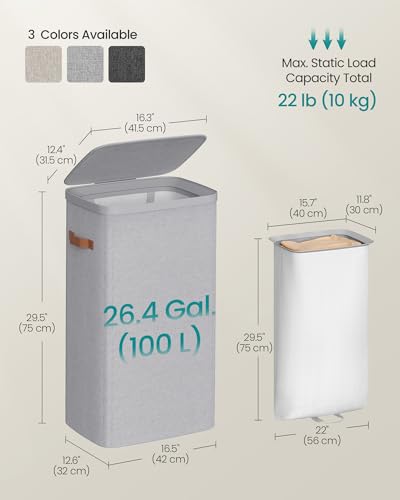 SONGMICS Laundry Basket, 100L Laundry Hamper with Lid, 1 Removable Bag - color: Dove Gray, size: 100 L (1-Section)