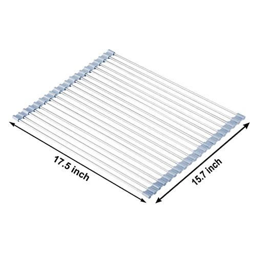 MECHEER Over The Sink Dish Drying Rack, Roll Up Dish Drying Rack Kitchen Dishes Rack Stainless Steel Sink Drying Racks, Foldable Dishes Drainer, Gray (17.5''x15.7'') - size: 17.5''x15.7''