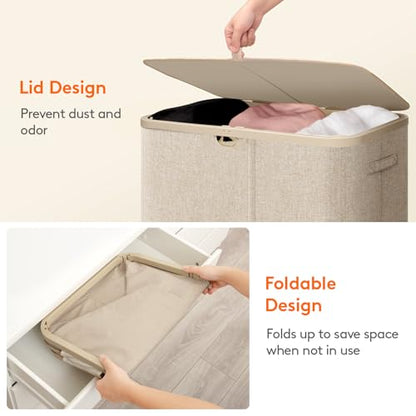 Lifewit 185L 3 Section Laundry Hamper with Lid, Laundry Basket, Beige - color: Beige, size: 185L