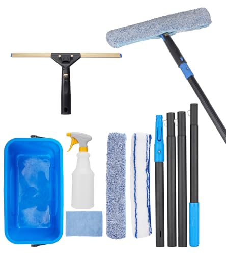 Professional Window Cleaning Kit with 50" Extension Pole, 8-in-1 Window Scrubber Squeegee Set, 14" Flexible Head, 3 Gallon Storage Bucket, Spray Bottle Microfiber Cloths for High Indoor/Outdoor Glass - color: Blue