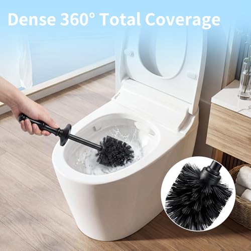 ROLABAM Toilet Bowl Brush and Holder Set, Heavy Duty Anti-Tip Metal Base, Rustproof Freestanding Toilet Bowl Brush with Long Handle & Splash Guard, Modern Bathroom Cleaning Accessories - color: Black-2