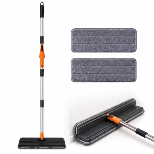 Microfiber Flat Mop for Floor Cleaning, Foldable Floor Mop with 2 Washable Pads & Hair Removal Comb, Adjustable Long Handle Dust Mop for Hardwood Tile Laminate, Wet & Dry Baseboard Cleaner