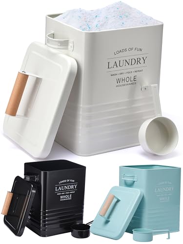 Whole Housewares Laundry Detergent Container - Tin Farmhouse Metal Laundry Powder Soap Dispenser With Scooper, Airtight Lid And Handles - Vintage Soap Pod Holder Storage Bin With Lid And Scent Holders - color: White