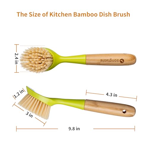 2 Pack Kitchen Dish Brush Bamboo Handle Dish Scrubber Built-in Scraper - style: Green