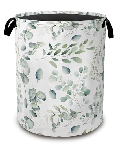 Green Eucalyptus Collapsible Laundry Baskets,Leaves Branches Laundry Hamper,Storage Basket with Handles for Bathroom Bedroom College Dormitory Living Room Nursery Organizer 16"x20" - color: Green Eucalyptus,Leaves Branches