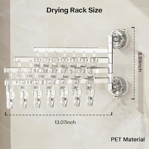 180 Rotating 4 Tier Clothes Drying Rack with 28 Clips, Wall Mounted Clothes Hanger with Suction Cups for Drying Socks, Baby Clothes, Bras, Underwear, Hat, Scarf, Towels, Gloves