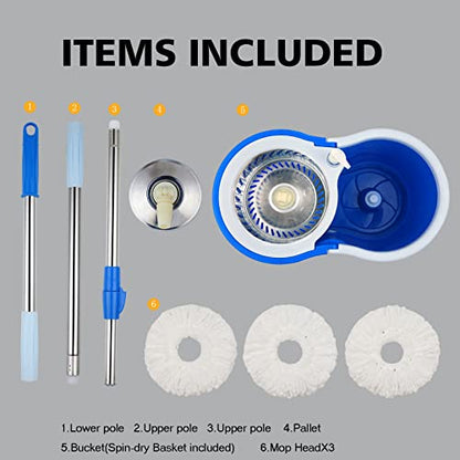 Spin Mop and Bucket with Wringer Set, 3 Microfiber Mop Heads, 61" Handle - color: Blue-1