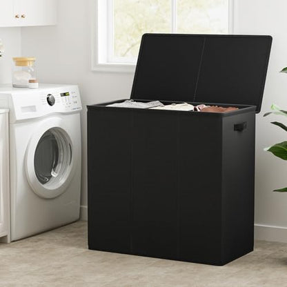 WOWLIVE 180L Laundry Hamper 3 Section, Large Laundry Basket with Lid - color: Black, size: 180l (31.5"L x 12.5"W x 28"H)