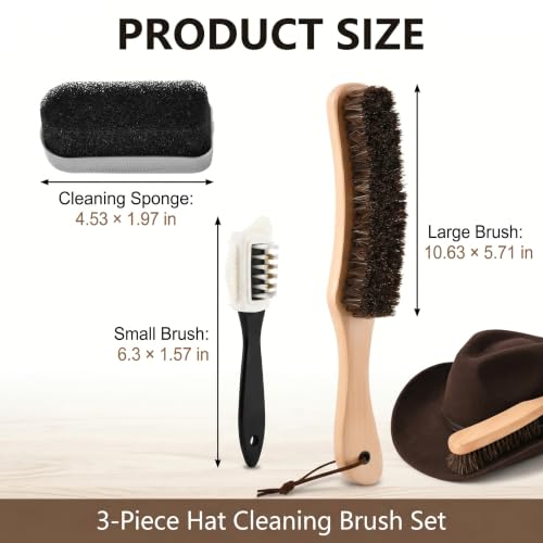 3Pcs Cowboy Hat Brush Set, Horse Hair Felt Hat Cleaning Brushes with Wood Handle, Lint Dust Brush for Cowboy Hats, Fedora Hats, Suede, Wool, Coats, Suits, Clothes, Shoes and Furniture, Black