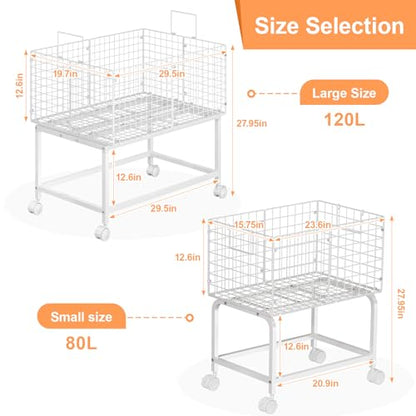 Laundry Basket with Wheels,80L Wire Rolling Laundry Basket with Pull Handle,White High Laundry Cart for Laundry Room,Bathroom,Bedroom-White(23.6 * 15.75 * 28inch) - color: White, size: 23.6*15.75*27.95inch