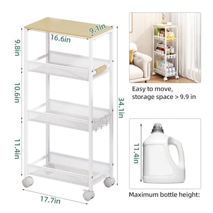 4-Tier Slim Utility Rolling Laundry Cart with Wheels, Easy to Assemble - color: White, size: 9.1''