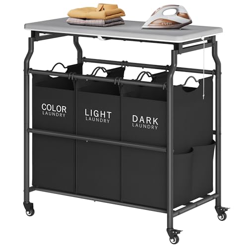 Hoctieon 3 Section Laundry Sorter with Iorning Board, Laundry Hamper, Black - color: Black