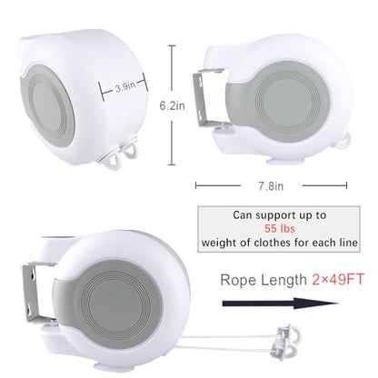 Retractable Clothesline 2x49 ft, Heavy Duty Wall Mount Dual Laundry Drying Rope