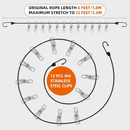 Travel Clothesline with Non-Slip Hook Clips (12pcs 304 Stainless Steel) Portable Clothes line for Cruise Ship/Beach Vacation/Camping Essentials (Patent Pending)