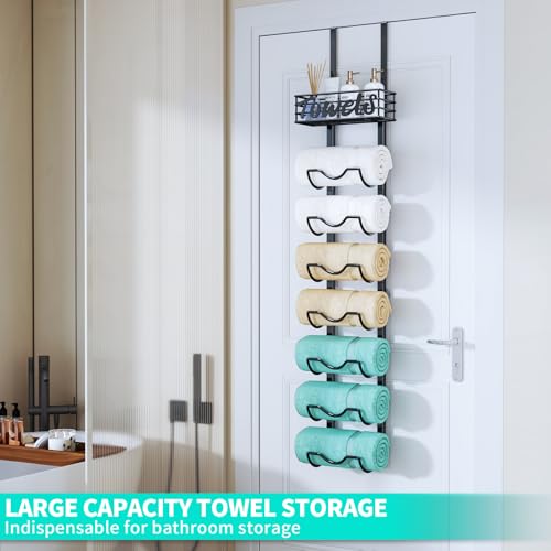 HapiRm Over The Door Towel Rack - 8 Tier Wall Mount Rolled Towel Holder Storage Organizer Shelf with Storage Basket for Small Bathroom, Rv, Camper - Black - size: 8-Tier Wall Mounted