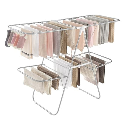 SONGMICS Clothes Drying Rack, Foldable 2-Level Stee Laundry Drying Rack - color: Silver + White, size: 2 Tiers（22"d x 61.8"w x 64.3''h )