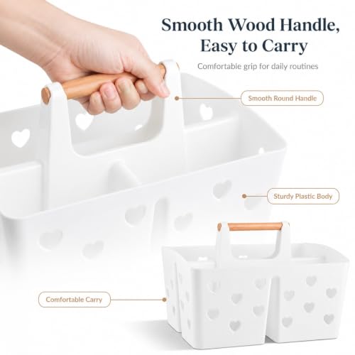 White Portable Shower Caddy, Plastic Basket Organizer with Wooden Handle - color: White