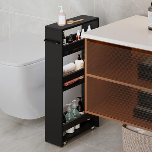 MARTY Slim Rolling Storage Cart, Wood Utility Kitchen Bathroom Laundry Cart - color: All Black, size: 5.51"D x 15.75"W x 31.5"H
