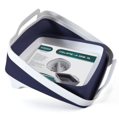 FOSJGO Collapsible Dish Basin with Drain Plug, Foldable Sink, 2.4 Gal (9L) - color: Navy blue