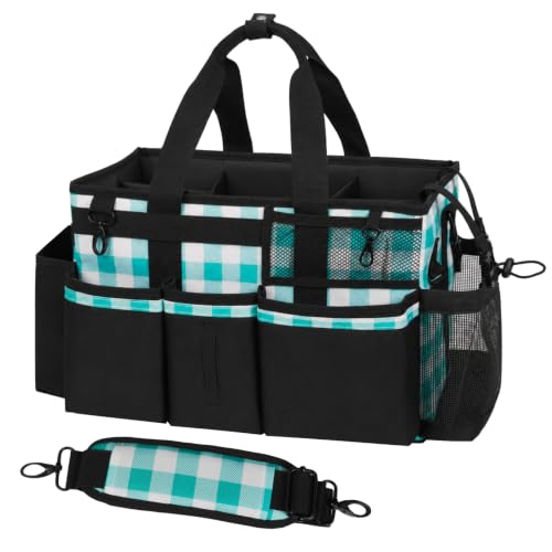 SCAVATA Wearable Cleaning Caddy, Cleaning Caddy Supplies Organizer with Handle & Shoulder Straps for Housekeepers, Under Sink & Car Cleaning Tool Organizers Bag with 4 Foldable Divider (BluePlaid) - color: BluePlaid
