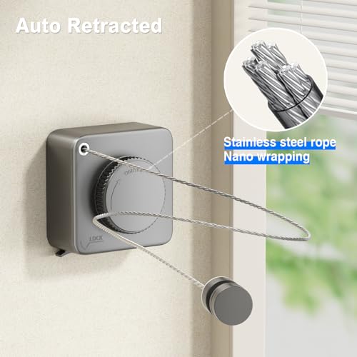 MUSTORN Retractable Clothesline Indoor, Non-Sagging Outdoor Clothes Line Retracting Heavy Duty Clothes Drying Laundry Line Wall Mounted Stainless Steel Line-13.8 Feets(Square-Gray) - color: Gray