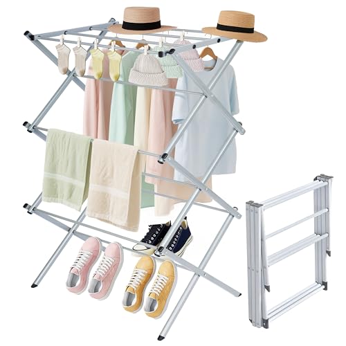 Whitmor Foldable Clothes Drying Rack: 3 Tier Laundry Drying Rack, Collapsible Drying Rack Clothing, Portable Space Saving Clothing Rack for Indoor Outdoor, 22.6" L × 14.6" W × 41.3" H, Gray - color: Gray, size: Large