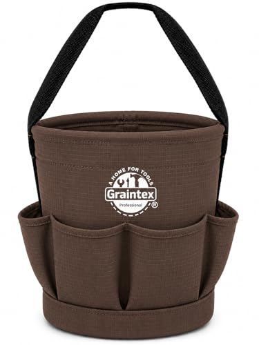 Graintex Tapered Canvas Bucket 12"x10"x15", Utility Tool Bucket 6 Pockets Outside, Reinforced Base & Carry Handle, Ripstop Canvas, Multi-Purpose Bag for Jobsite & Home Use - Coffee Brown - color: Coffee Brown