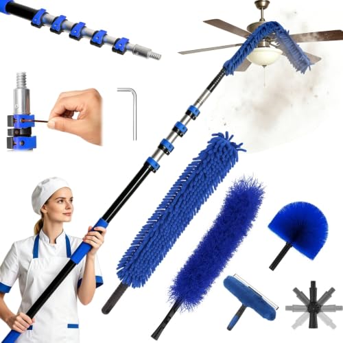 26FT Reach Duster Kits, Window Cleaning kit with 5-20FT Telescoping Extension Pole, Cobweb Duster, Washable Fan Duster for Ceiling, Window Squeegee for Glass and Microfiber Feather Duster - size: 20FT