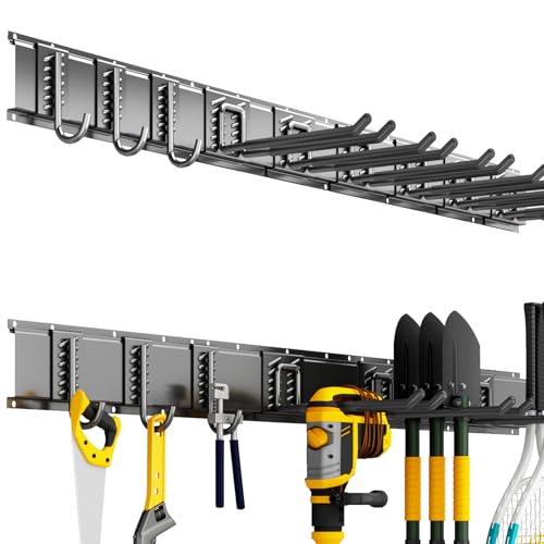 Garage Tool Organizer Wall Mount, 48 Inch Heavy Duty Garden Tool Organizer Storage System, Easy Install with 9 Adjustable Hooks, for Garage, Basement, Shed, Workshop, Black, Steel - size: 48" - 9 Hooks