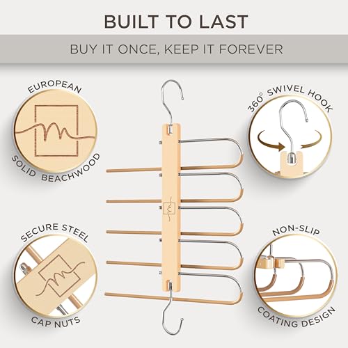 MORALVE Pants Hangers Space Saving - 4 Pack European Beechwood Scarf and Jean Hangers - Closet Organizer and Space Saver Pant Rack, Leggings Hanger, and Scarf Holder with 360° Swivel Hook - color: Natural, size: 4 Pack