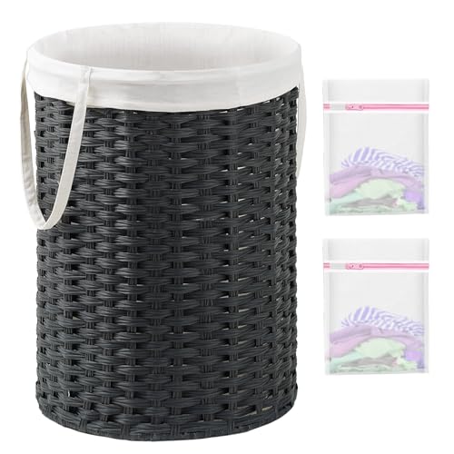 SETVSON Laundry Basket Round PE Rattan Laundry Hamper, Black (No Lid) - color: Black, size: 29.1 Gal - 110L